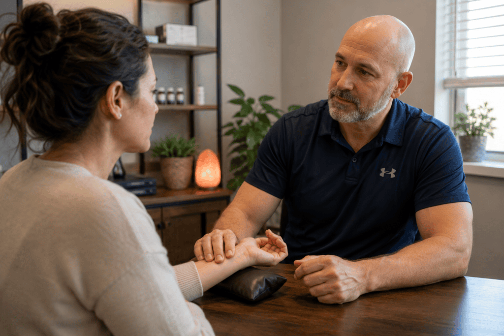 Acupuncturist checking a woman’s pulse during a Traditional Chinese Medicine evaluation for recurring migraines.