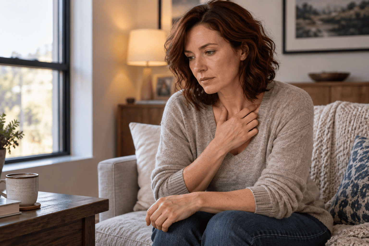 Woman sitting quietly at home while experiencing physical tension associated with trauma.