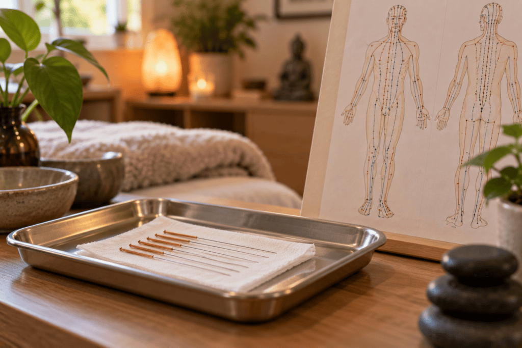 Fine acupuncture needles on a clean tray beside a simple meridian chart in a calm room.