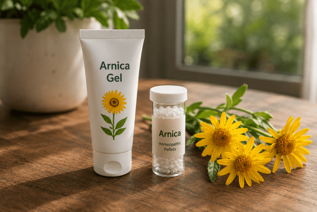 Topical Arnica gel and Arnica homeopathic pellets arranged together on a wooden surface.