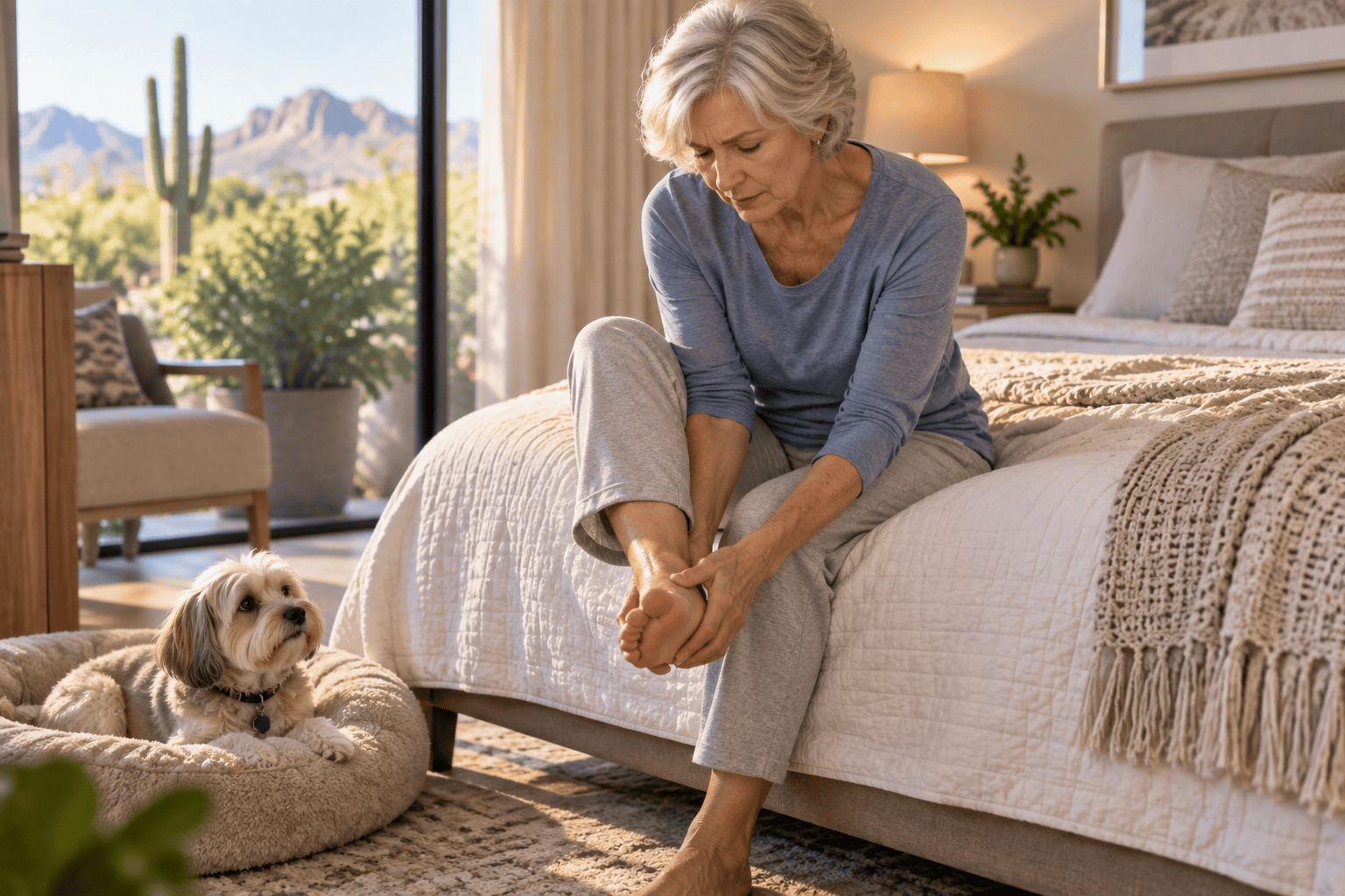 Older woman experiencing neuropathy symptoms in her foot while sitting on the edge of her bed.
