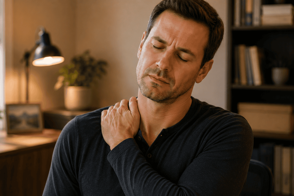 Person pressing the top of their shoulder with the opposite hand, eyes closed, easing stress.