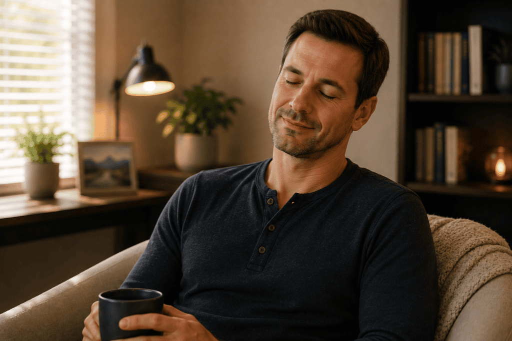Person looking calm and relaxed with dropped shoulders and a settled expression, stress eased.