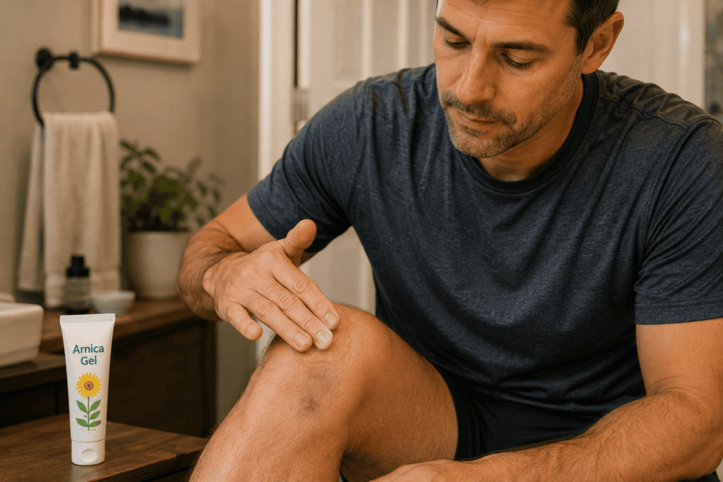 Man gently applying topical Arnica gel to intact skin over a mildly bruised area near the knee.