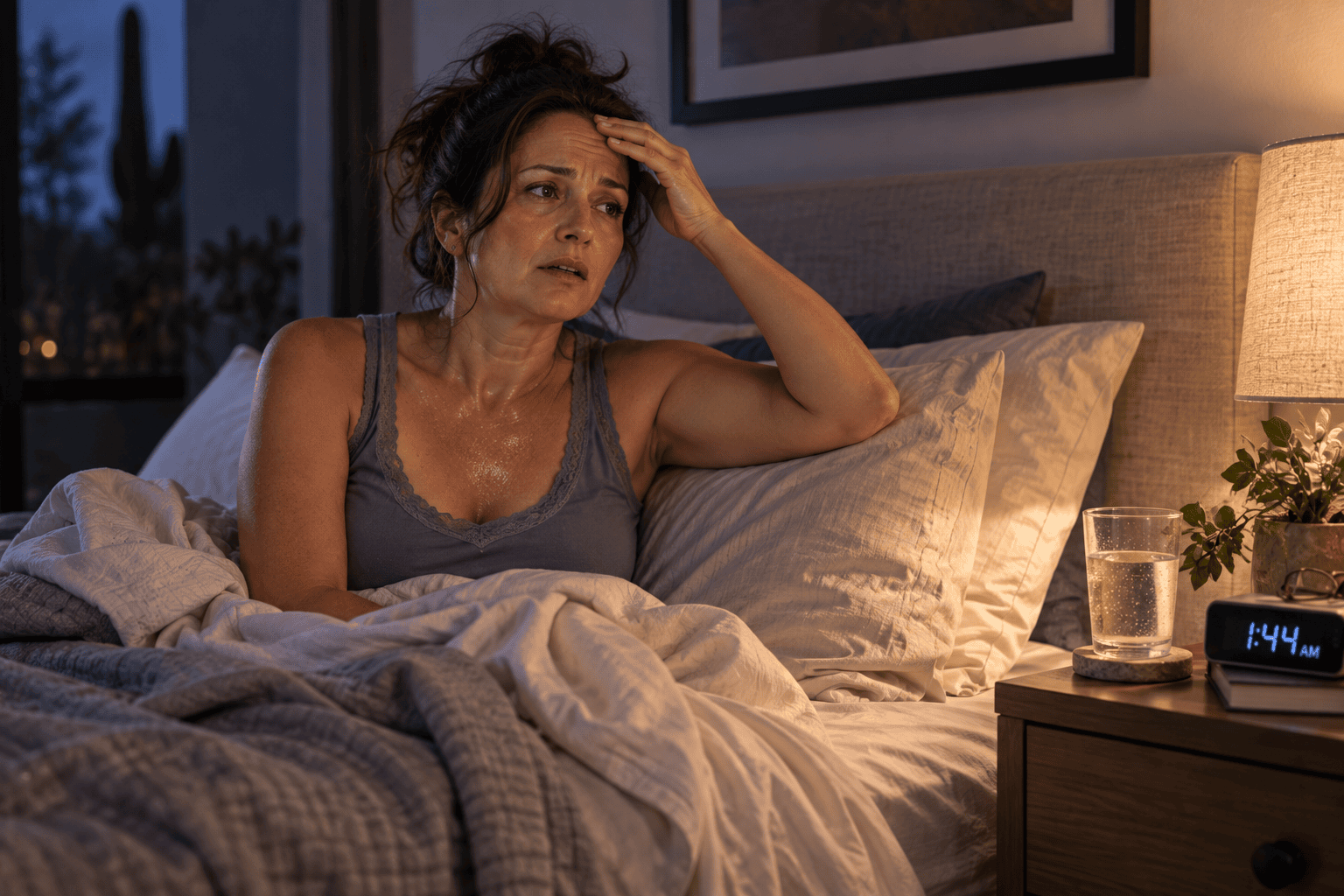 Person awake in bed at night looking warm and uncomfortable with a damp forehead, covers thrown back.