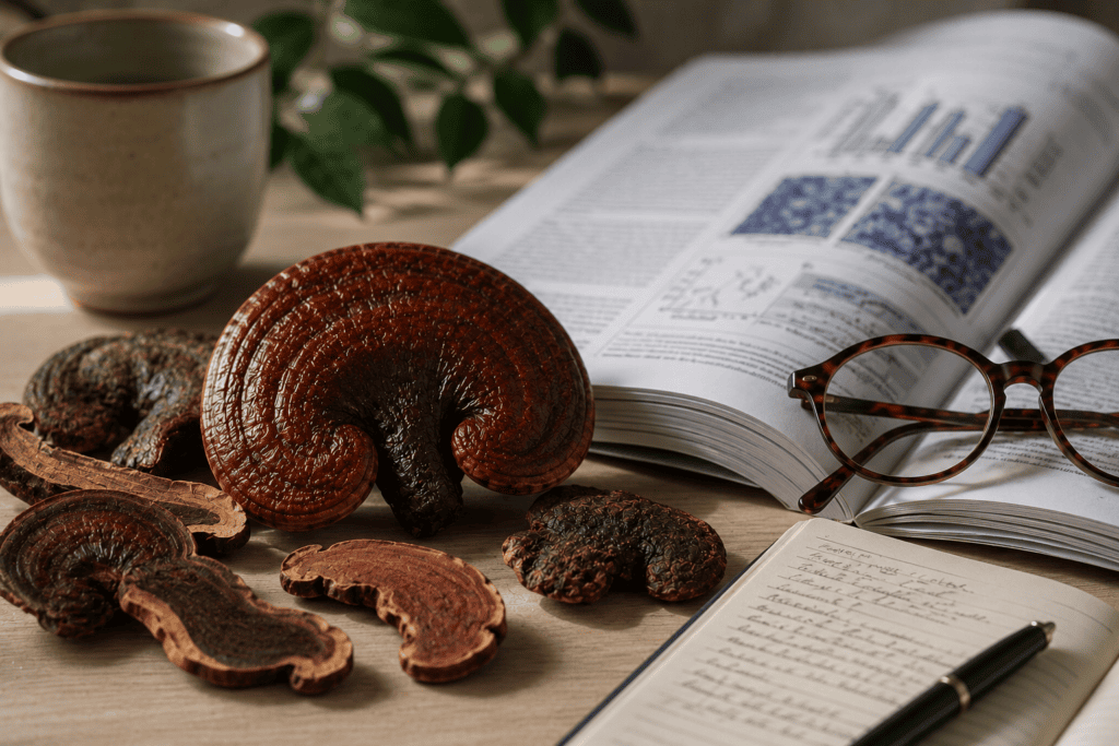 Dried reishi mushrooms beside a journal, reading glasses, and a notebook on a calm desk.