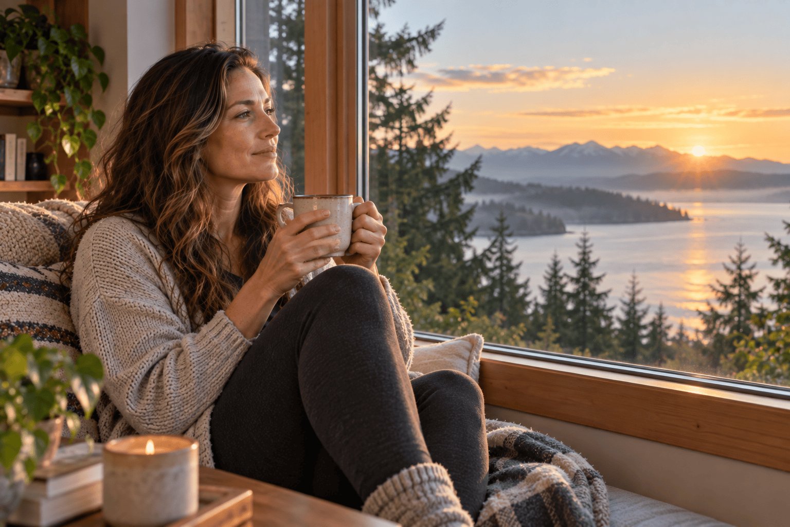 Person sitting by a window at dawn with a mug, gazing outward in quiet reflection.