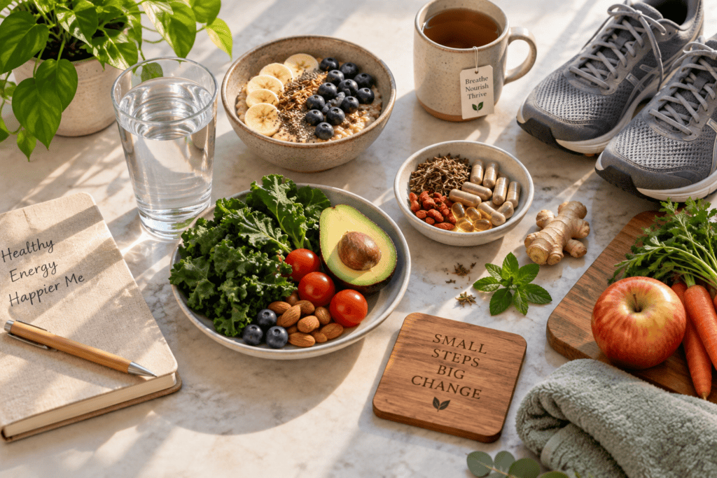Flat-lay of water, whole foods, walking shoes, and herbs representing natural remedies for fatigue.