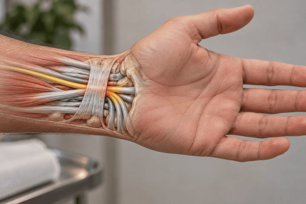 Anatomical view of the median nerve passing through the carpal tunnel at the wrist.