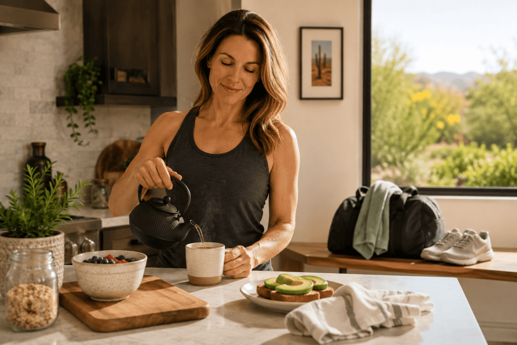 Healthy woman enjoying a relaxed morning at home with no obvious health complaints.
