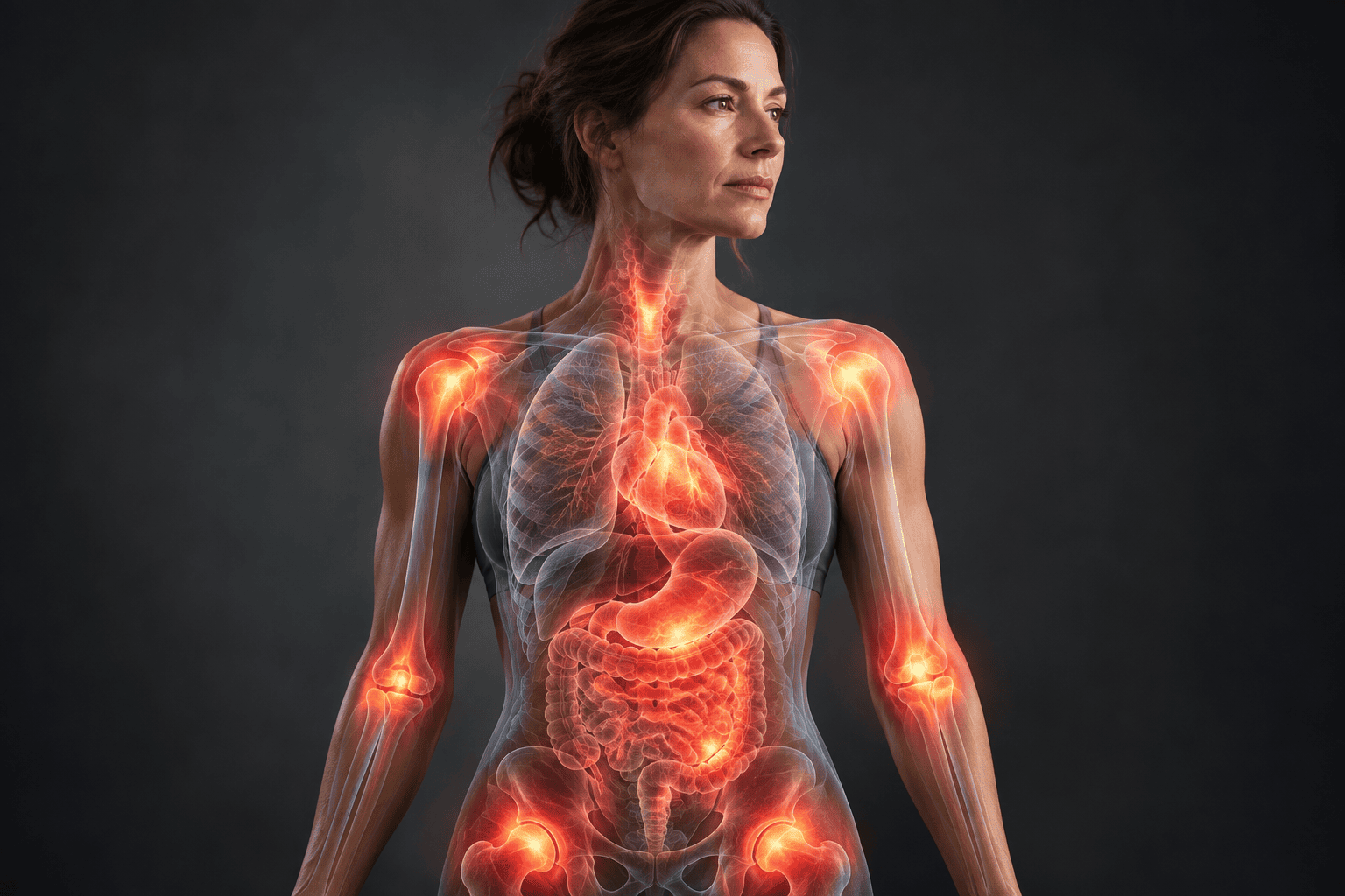 Human body with subtle internal areas of inflammatory activity illustrating how inflammation can affect tissues throughout the body.