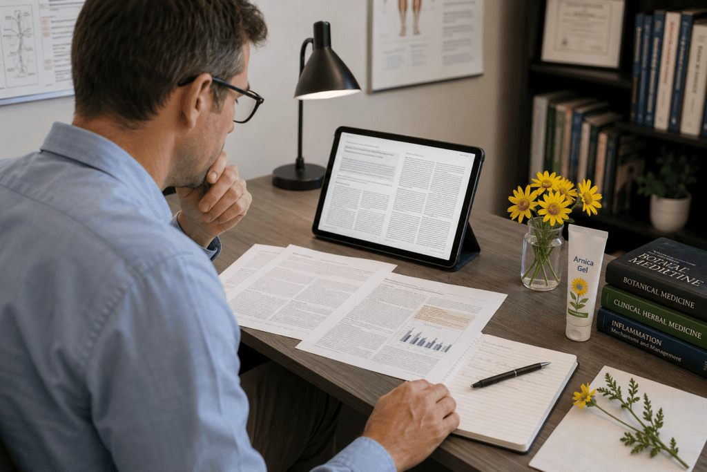 Researcher reviewing scientific literature on topical Arnica for pain and musculoskeletal conditions.