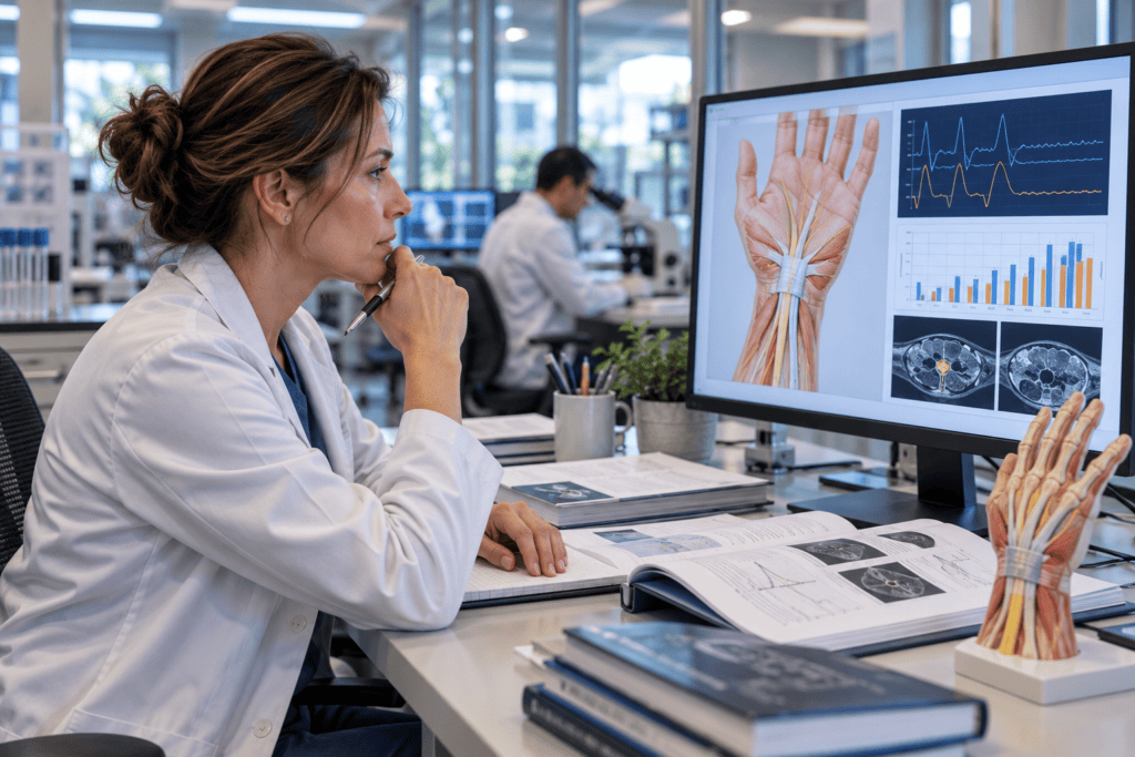 Medical researcher reviewing clinical data about acupuncture and carpal tunnel syndrome.