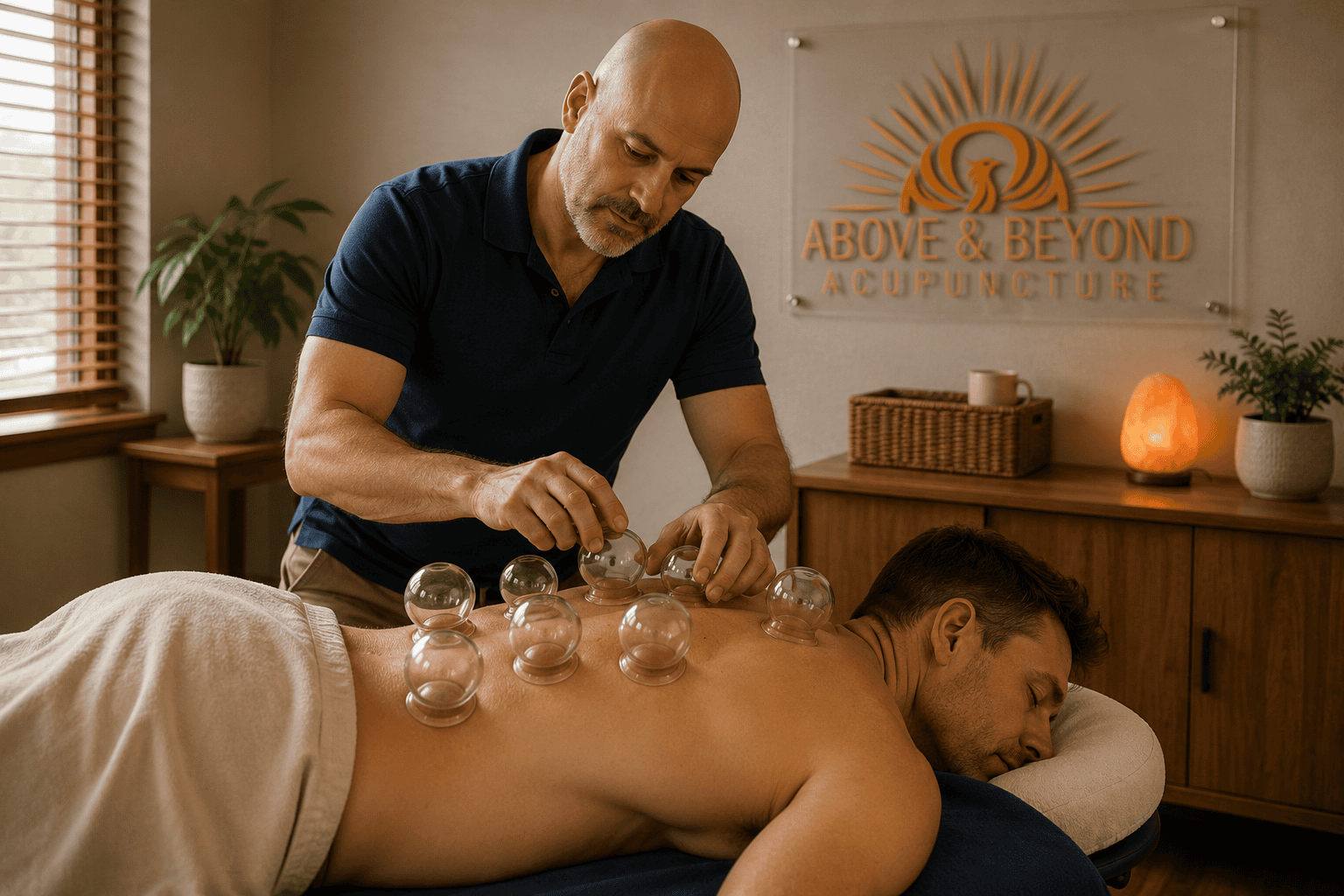 Man receiving professional glass cupping therapy on his back in a warm acupuncture clinic.