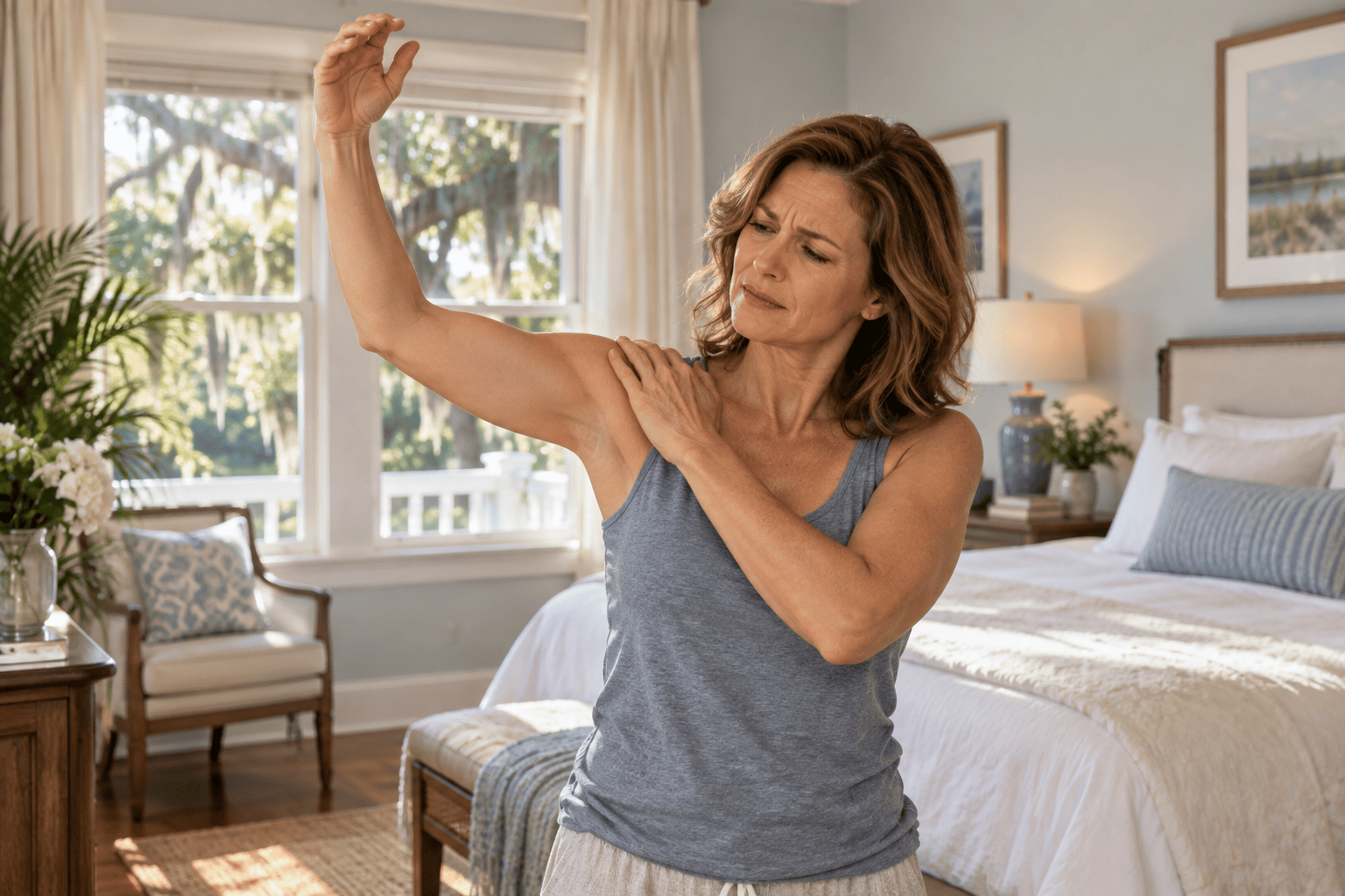 Woman struggling to raise her right arm because of pain and stiffness from frozen shoulder.