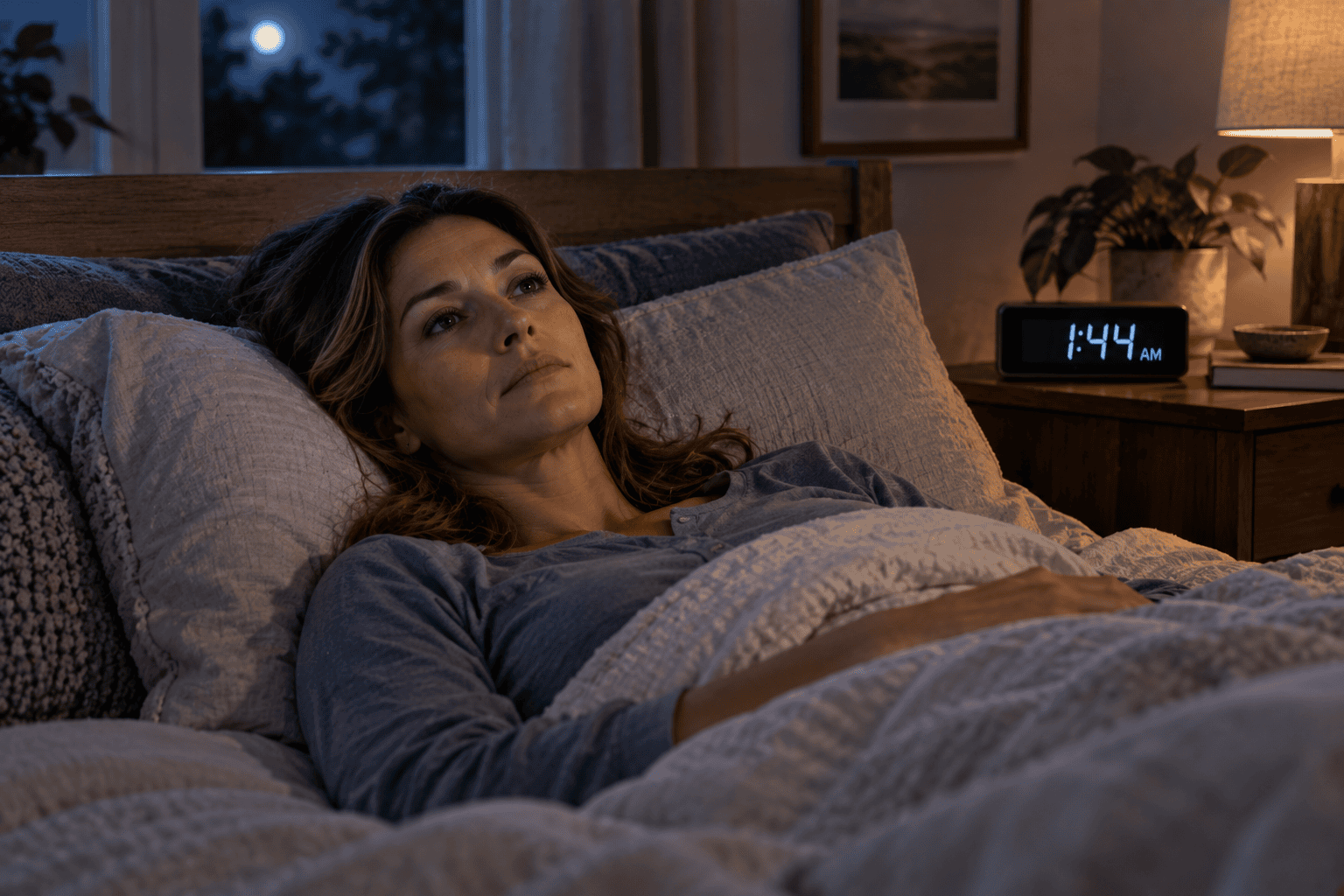 Woman lying awake in bed at 1:44 AM, tired but unable to sleep because of a disrupted circadian rhythm.