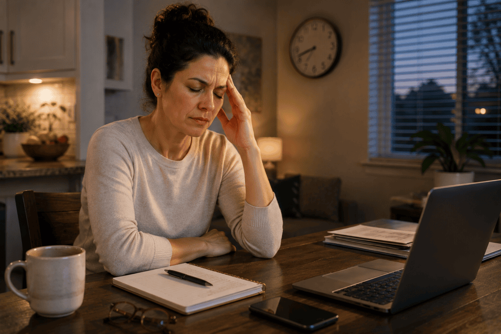 Woman sitting at a kitchen table with her eyes closed and one hand pressed against her temple during another recurring migraine.