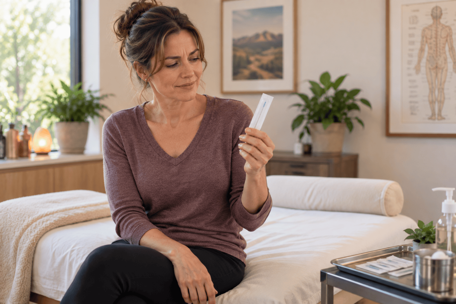 Woman preparing for her first acupuncture treatment while looking cautiously at a packaged acupuncture needle.