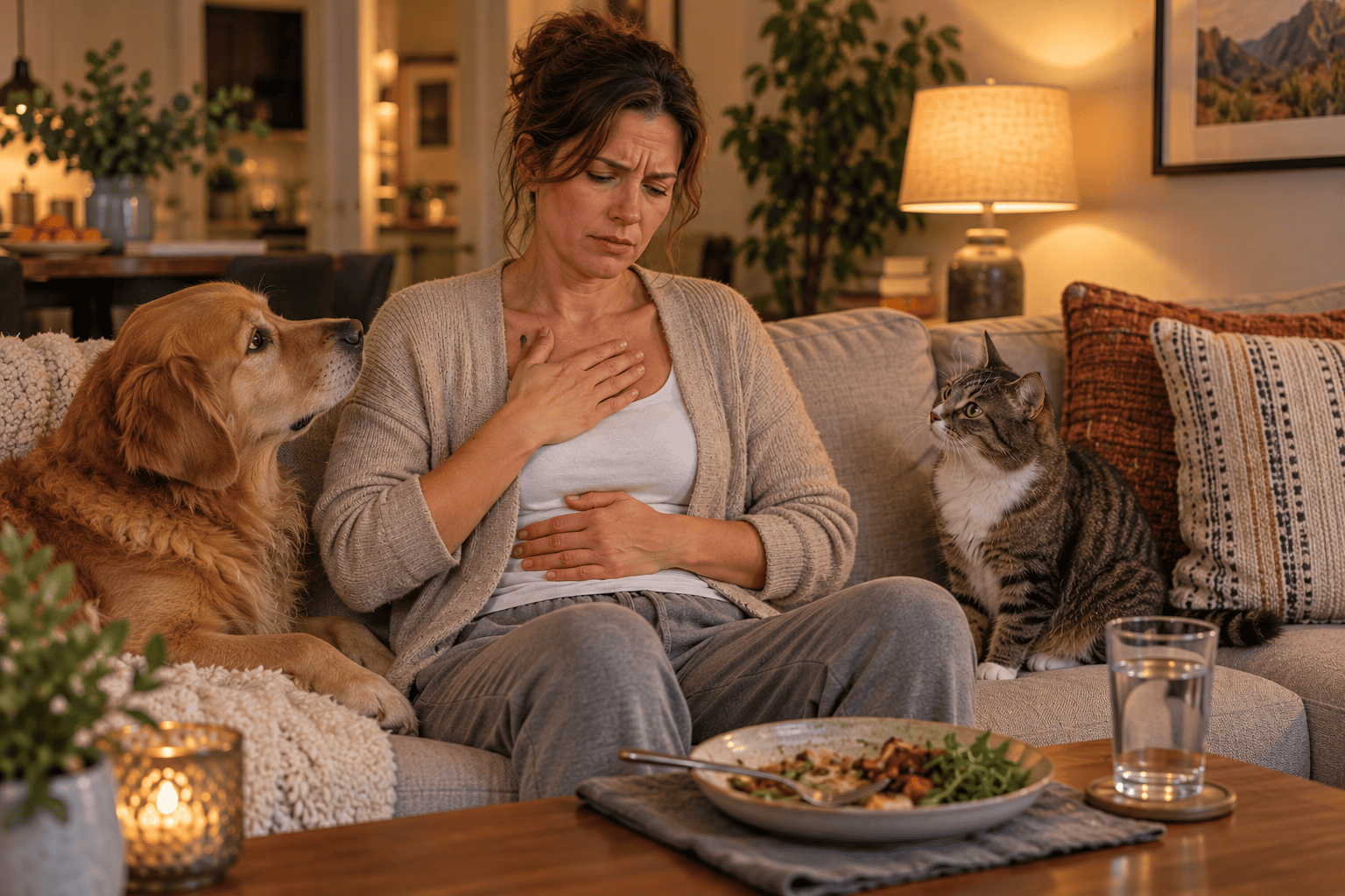 Woman sitting upright on a sofa with discomfort in her chest and upper abdomen from acid reflux after eating.