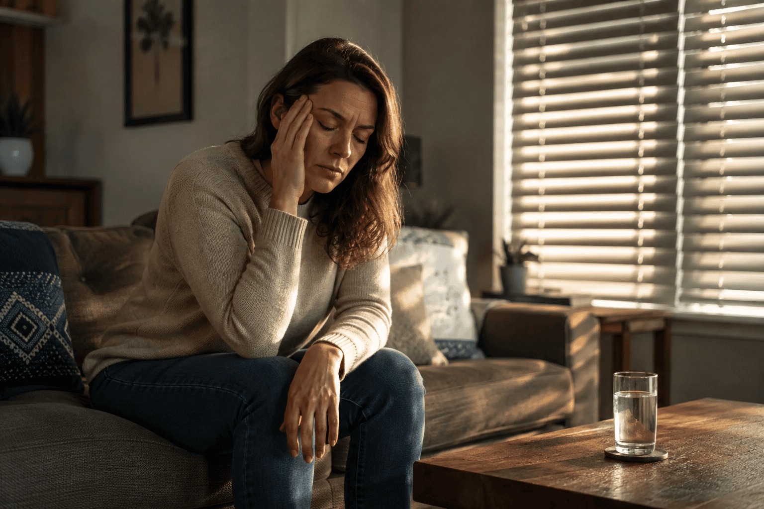 Woman sitting in a dimmed living room with one hand against her temple while experiencing a migraine.