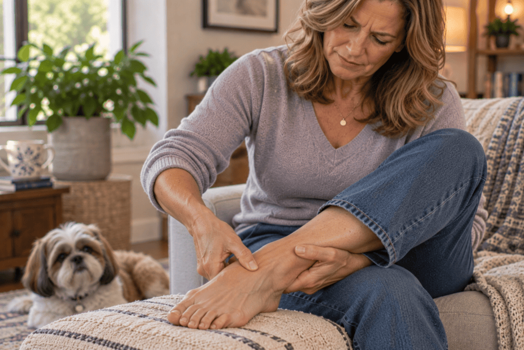 Person pressing a point on the top of the foot with the thumb, working carefully on foot neuropathy.